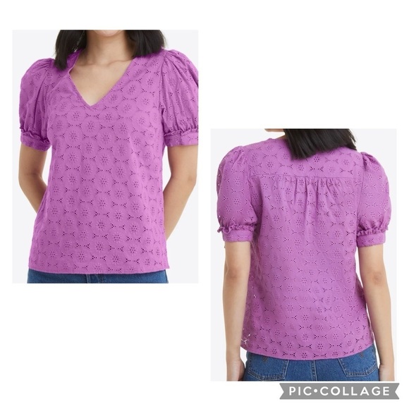 DRAPER JAMES Women's Purple Eyelet Short Puff Sleeve HEIDI V-Neck Top Blouse XL - Picture 1 of 8